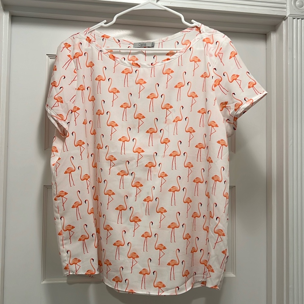 Flamingo boatneck short sleeve top, EUC, XL